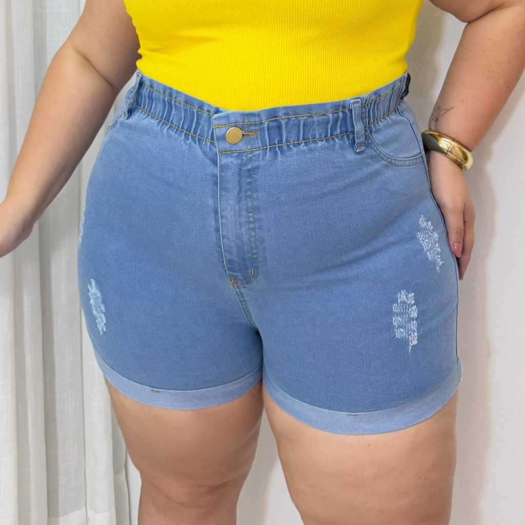 Short Jeans com elástico na cintura feminino, Plus size com lycra (estica), cintura alta, 3 cores