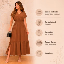 Vestido Longo Evangélico com Forro, Gola V com Babado e Lastéx na Cintura Dunas Zero Transparência