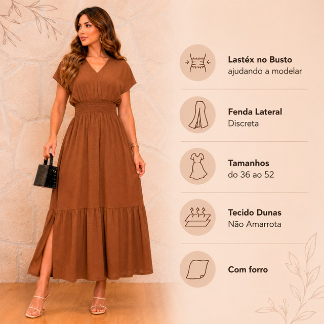 Vestido Longo Evangélico com Forro, Gola V com Babado e Lastéx na Cintura Dunas Zero Transparência