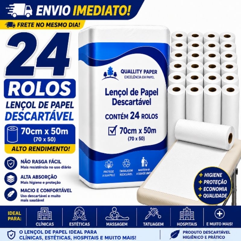 Lençol De Papel 70x50 24 Rolos Para Maca Clínica Estética