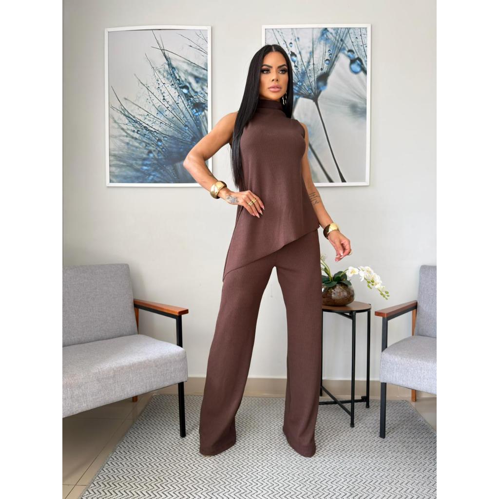 Conjunto Feminino Anarruga Elegante Regata Gola Alta Assimétrico Calça Pantalona Confortável Chic Premium