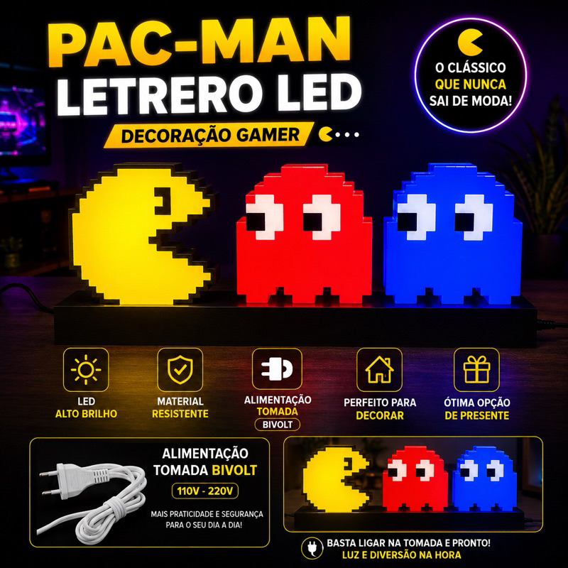 Luminária LED Pac-Man Decorativa 39cm | Letreiro Gamer para Setup e Quarto Geek