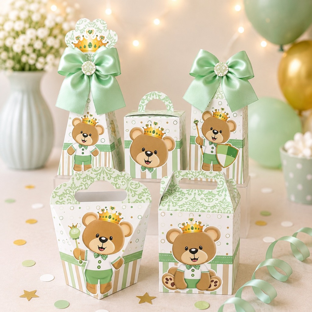 Kit Caixinhas Personalizadas PEGUE E MONTE Urso Ursinho Príncipe Verde Caixas para Lembrancinhas de Aniversário