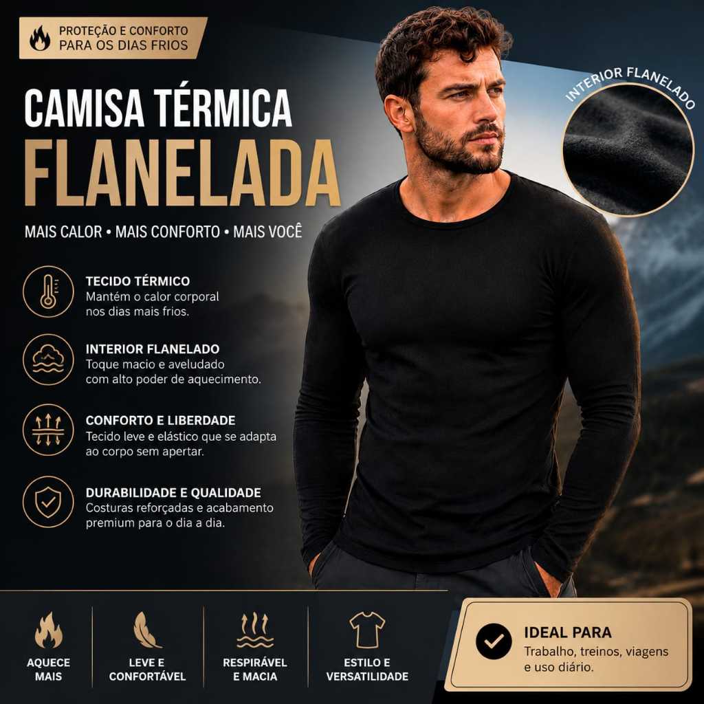 Camisa Térmica Masculina Flanelada Segunda Pele Manga Longa Inverno