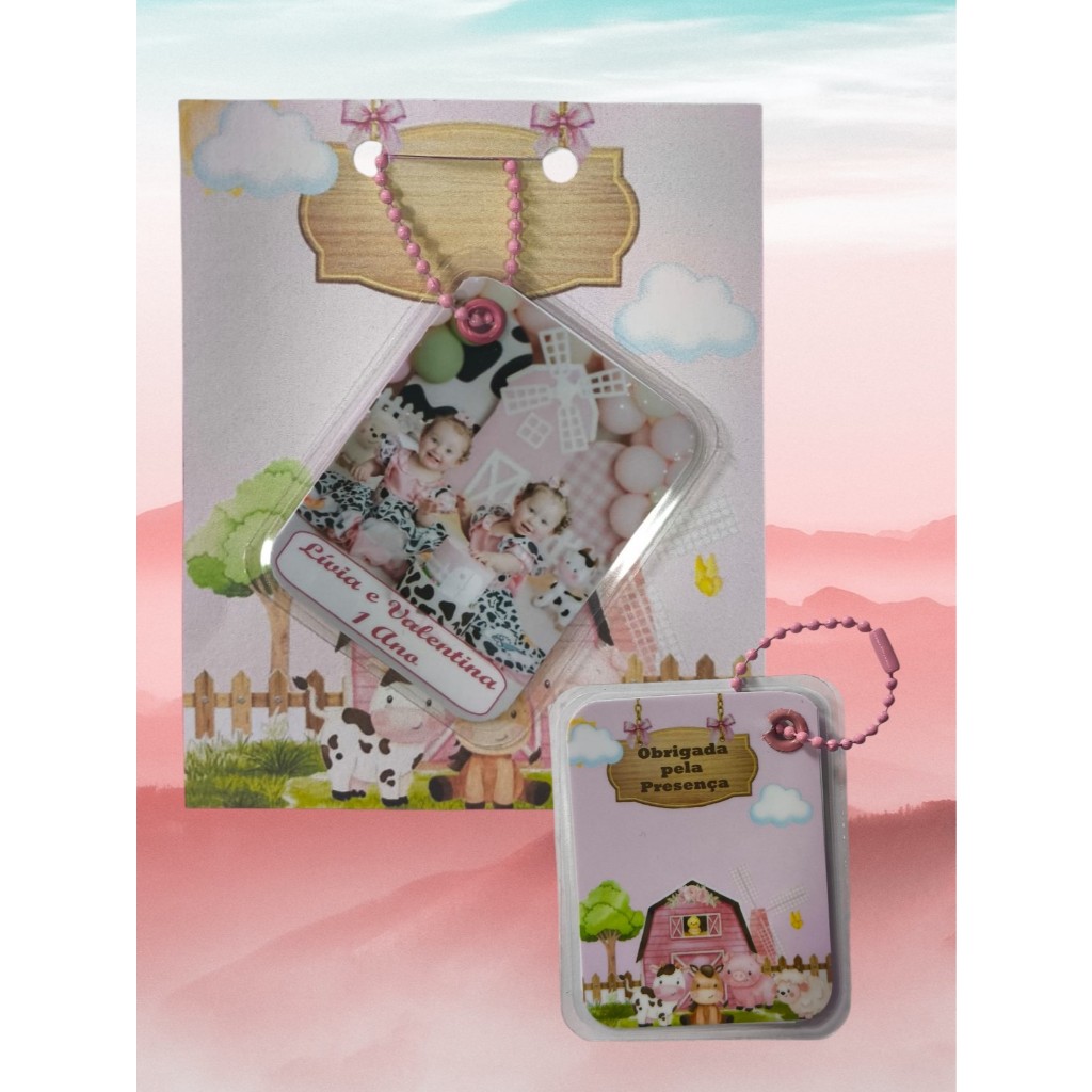 Lembrancinha chaveiro tag personalizado FAZENDINHA com foto medida da embalagem 10cmx12cm - medida foto 5,5cmx7cm