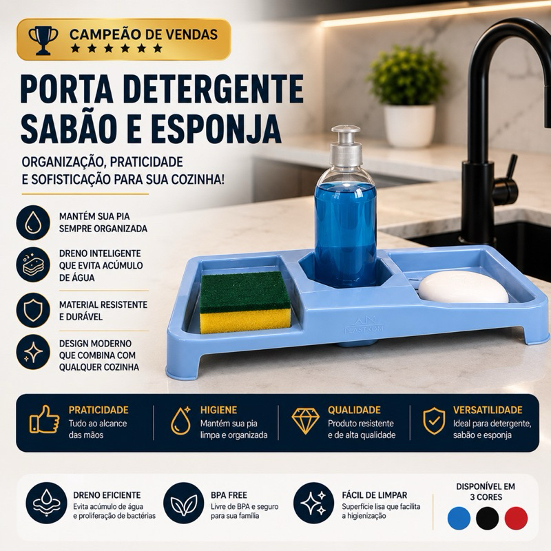 Organizador de Pia 3 em 1 Porta Esponja Detergente Escorredor