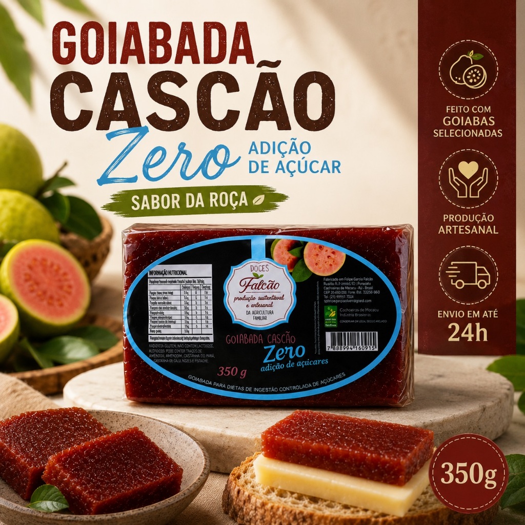 Goiabada Cascão Artesanal 350 Zero Açúcar Diet Direto do Produtor Doce de Corte Cremoso Caseiro