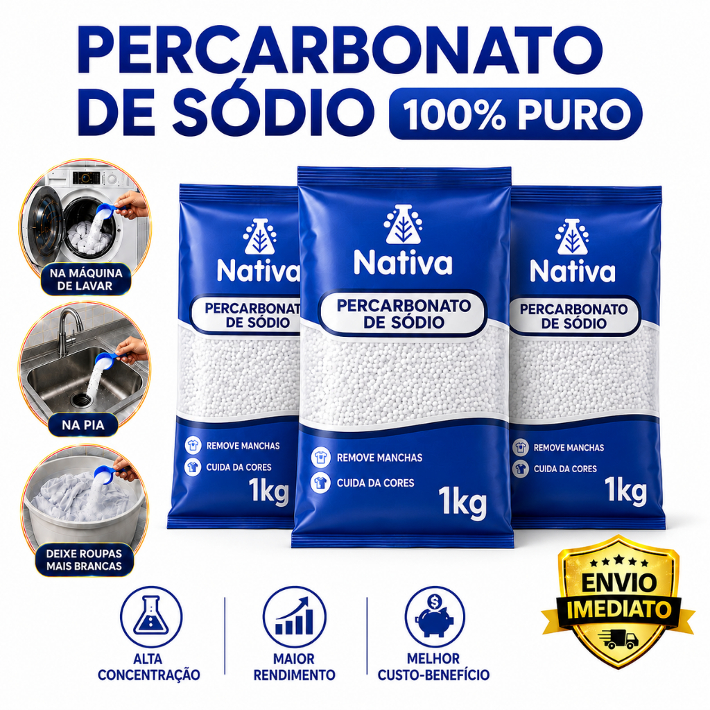 Percarbonato de Sódio 100% Puro Alvejante Sem Cloro, Tira Manchas para Roupas Brancas e Coloridas