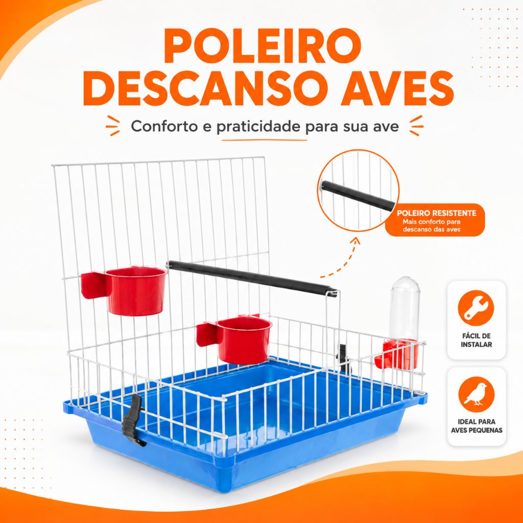 Poleiro Aberto para Aves com Suporte, Bandeja Plástica Removível, Comedouros e Bebedouro