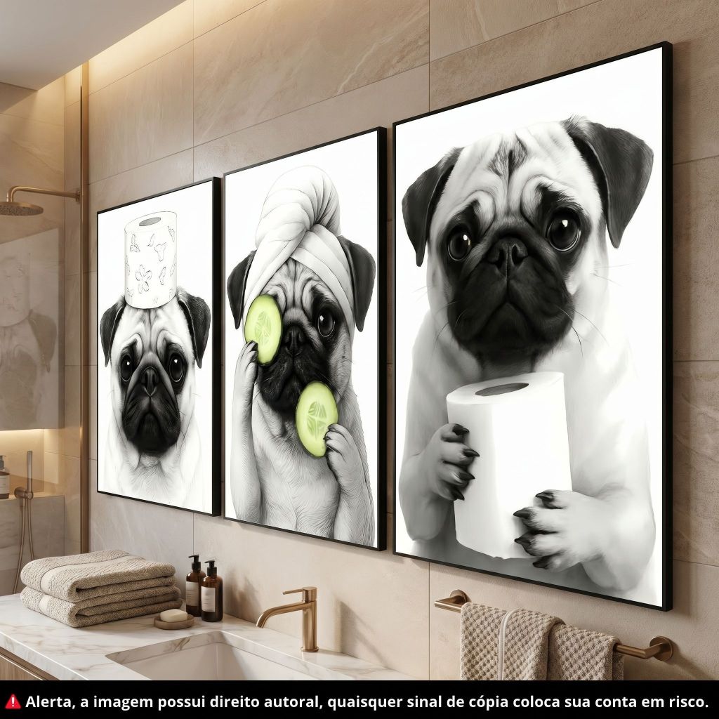 Quadro Decorativo 3 Peças Pug Fofo Banheiro Conceitual Sala Banheiro Luxo 122x60cm Decoração