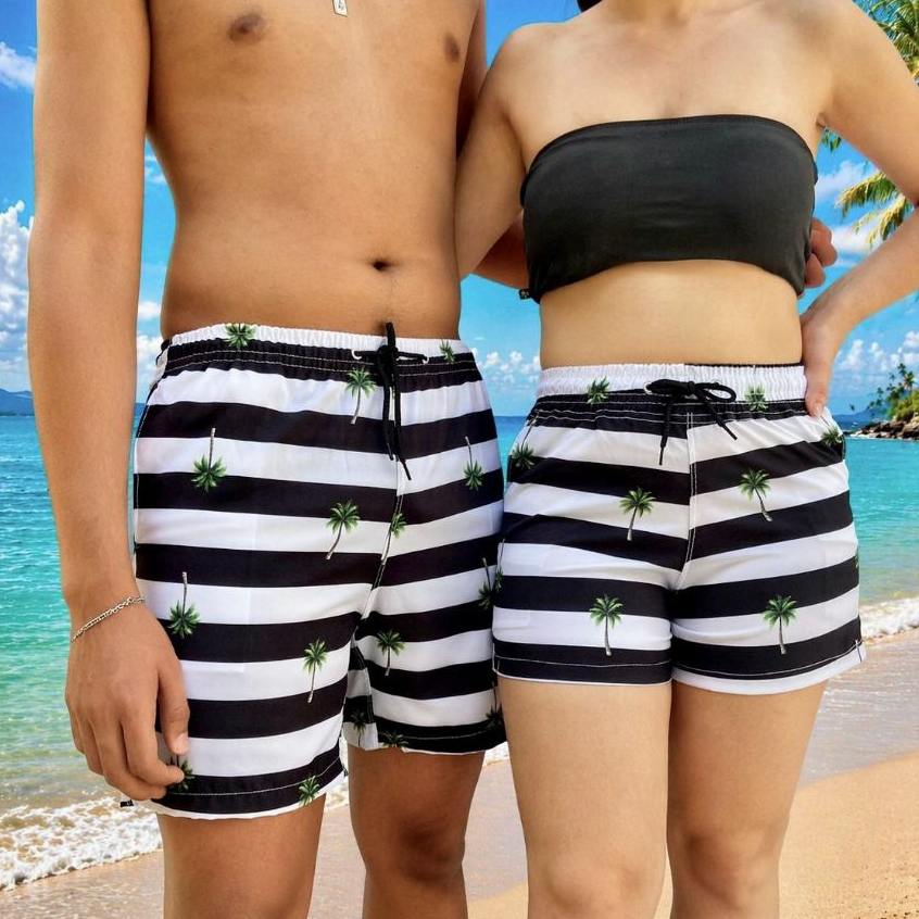 Kit Casal Praia Short Tactel Estampado Secagem Rápida Piscina Verão mozão namorados