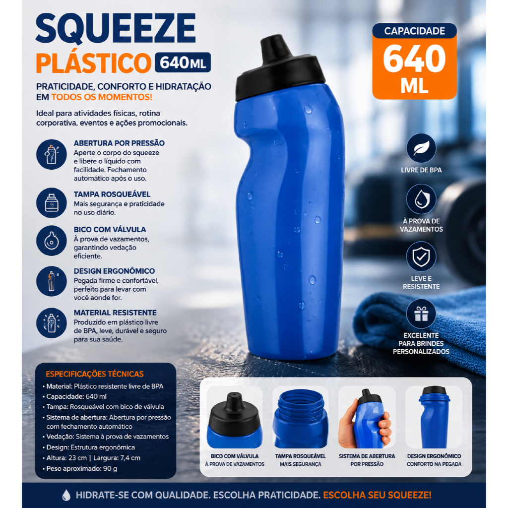 Garrafa Squeeze 640ml Ergonomica Valvula Antivazamento