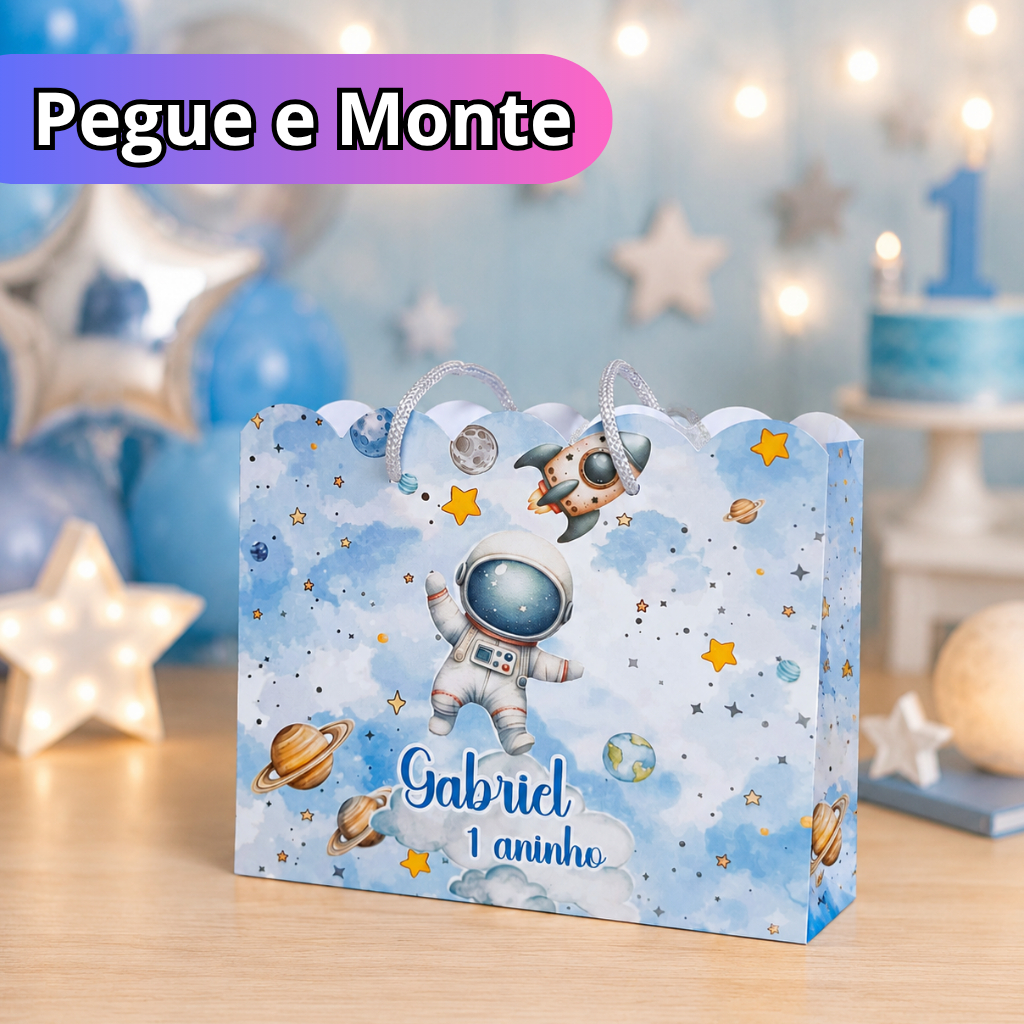 Sacolinha Personalizada PEGUE E MONTE Astronauta Lembrancinha Festa Infantil Sacola surpresa