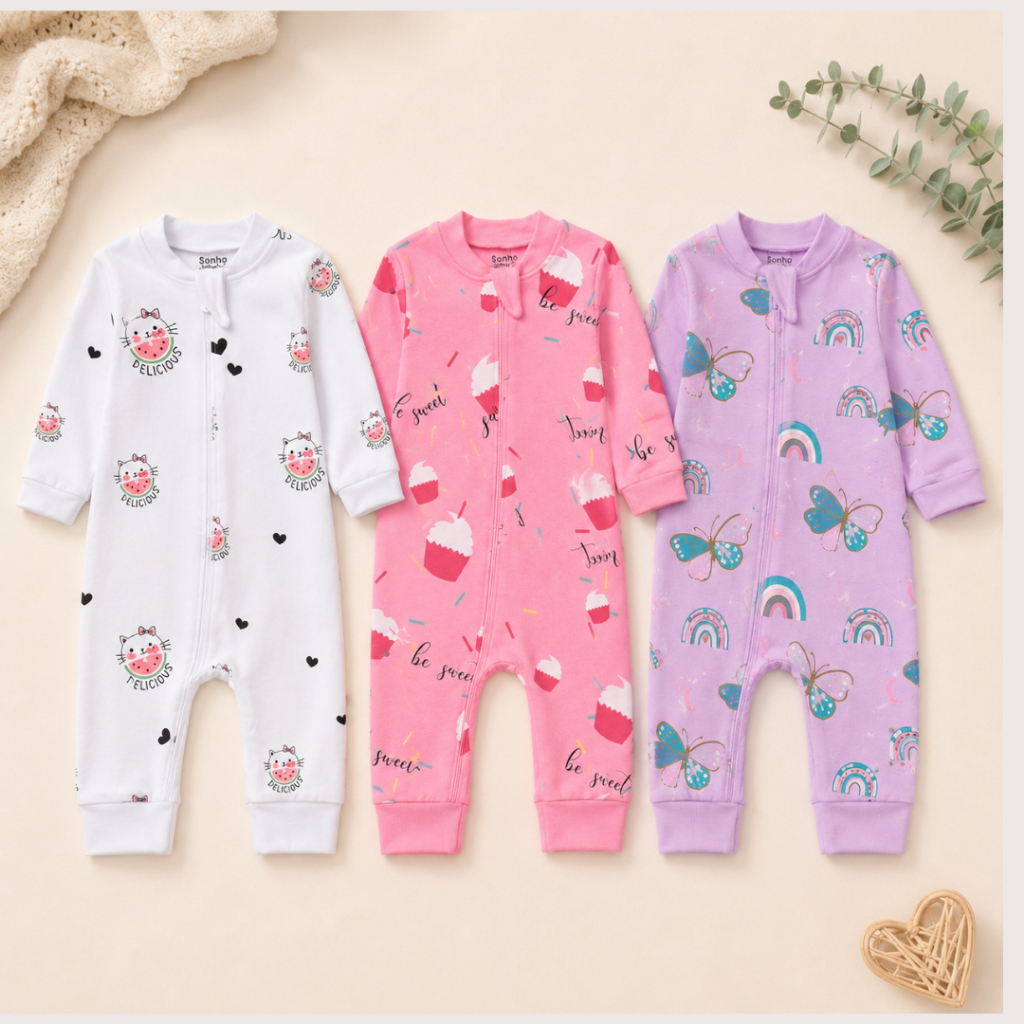 Kit 3 Macacões Sonho & Baby Manga Longa 100% Algodão Menina com Zíper.