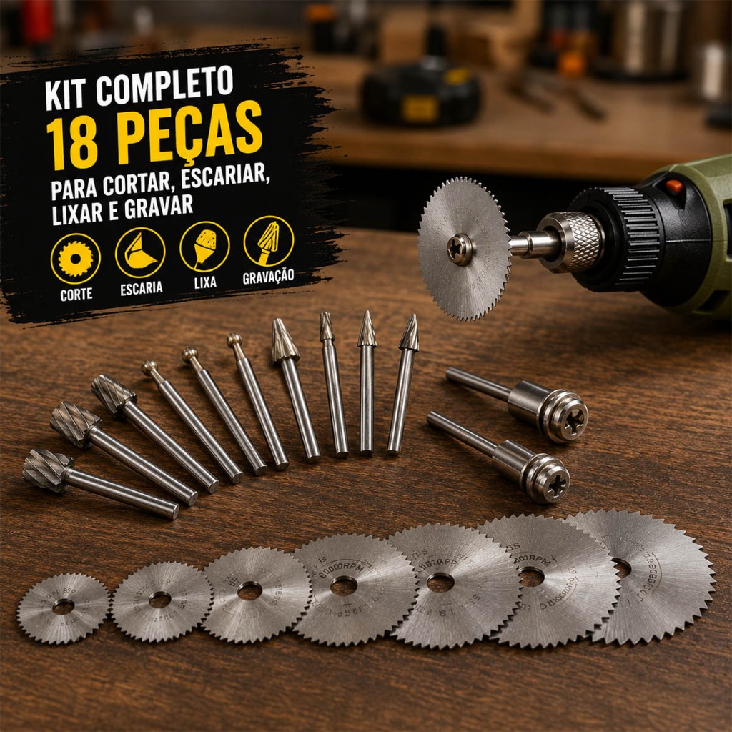 Kit Acessórios Micro Retifica Dremel Fresa Escareador E Mini Disco Serra Circular 18 Peças