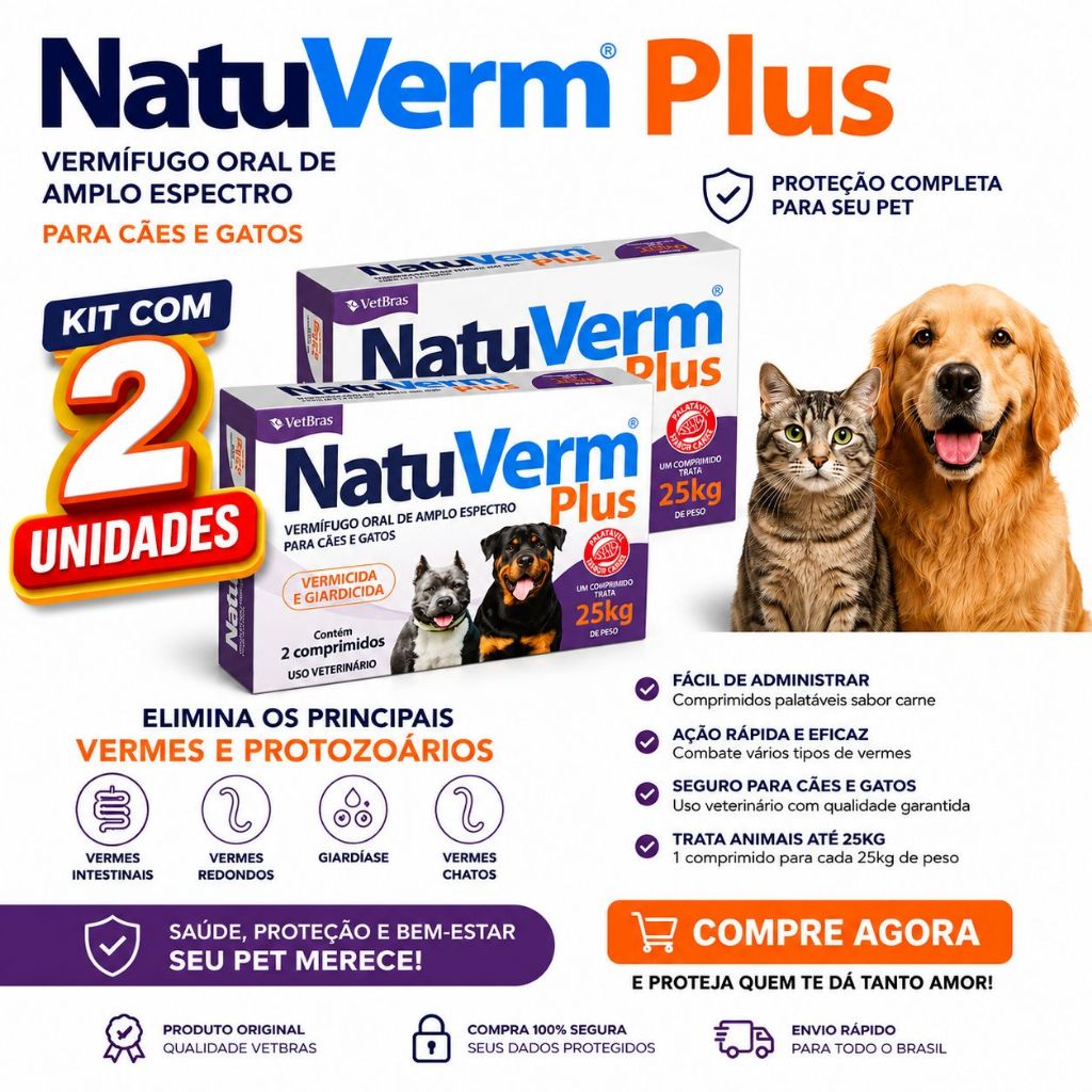 Kit C/ 2 Caixas Vermifugo Oral Vermicida E Giardicida Natu Verm Plus 1650mg Cães ou Gatos 2 Comp. Sabor Carne