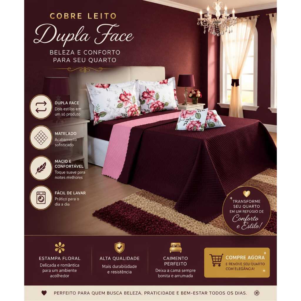 Kit Colcha Cobre Leito Dupla Face Lençol Porta Travesseiro Casal 6 Peças Queen Provence Extra Macio