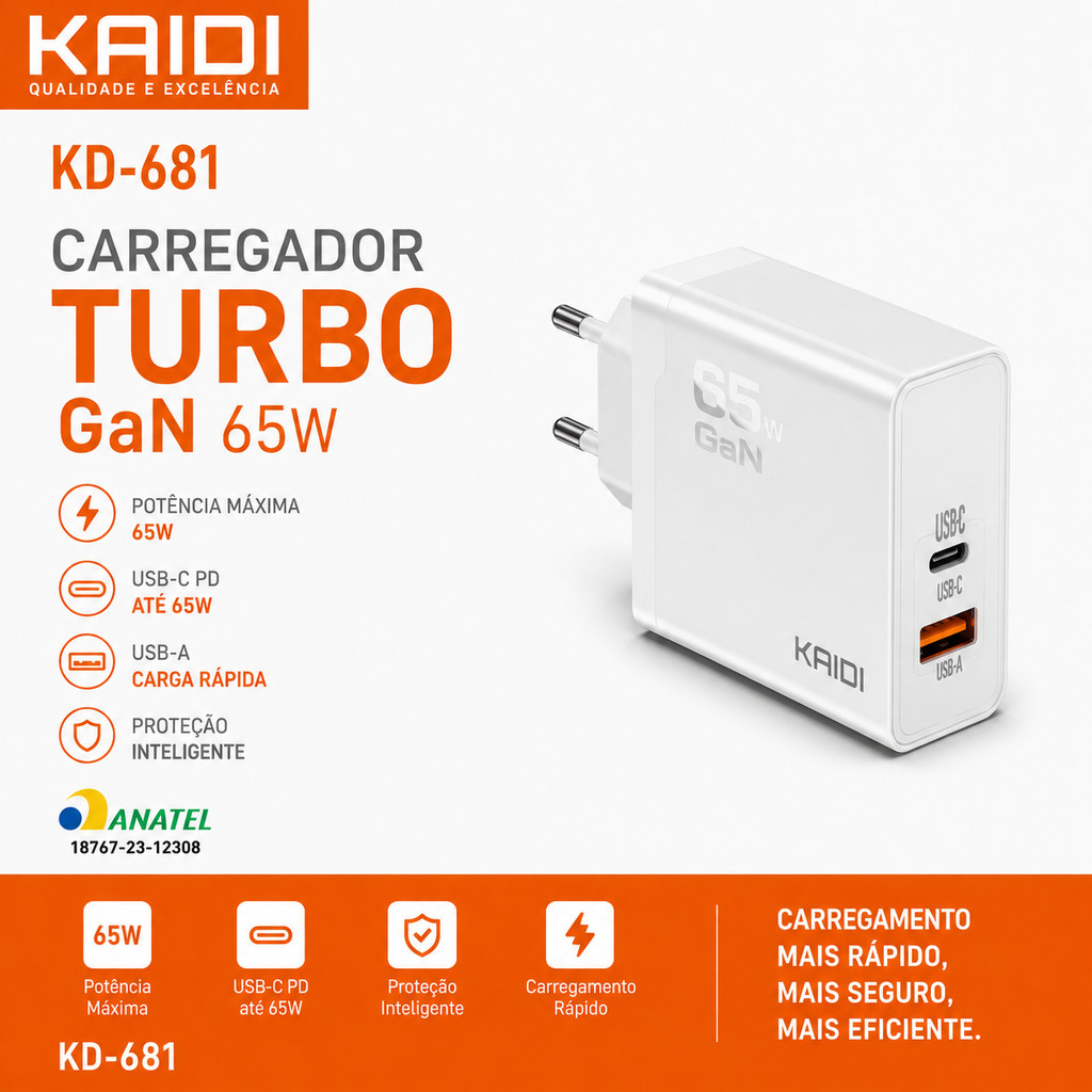 65W com Entradas USB e Tipo-C Carregador de Tomada Turbo - KD-681 - KAIDI