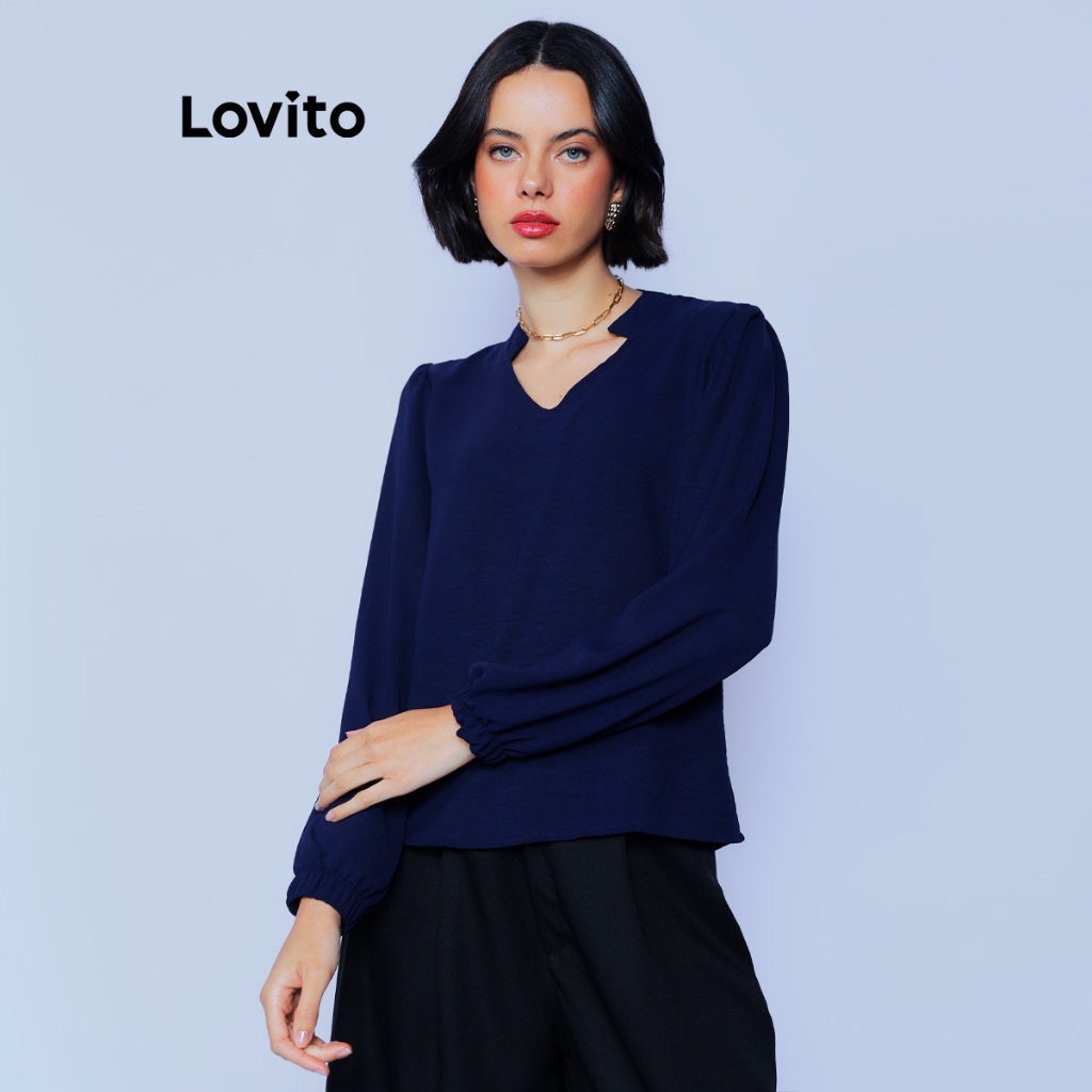 Lovito Blusa Feminina com DecoteV e Manga Longa BLB905BRL935