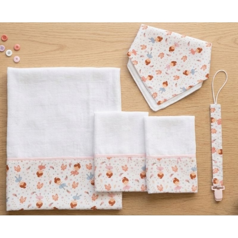 Kit bebê enxoval 5 peças Kit Encanto Baby – Bailarina Encantada fralda 70cm babador paninho de boca prendedor de chupeta
