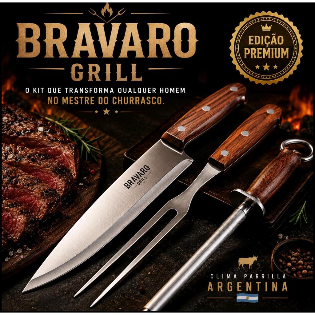 Kit Churrasco Inox Profissional 3 Pecas Cabo Madeira Utensilios Parrilla Churrasqueira
