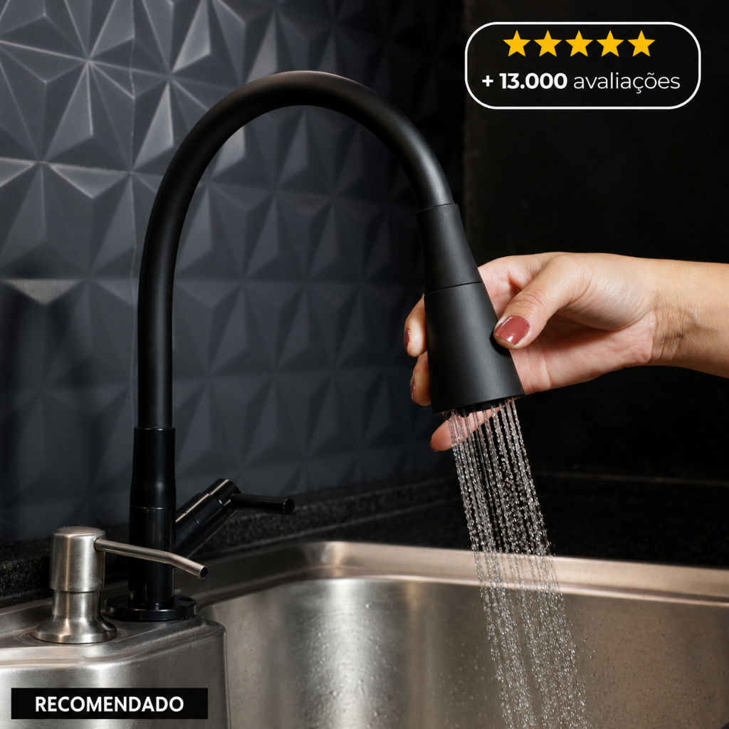 Torneira Gourmet Cozinha Mesa Bancada Pia Flexível Preta Abs