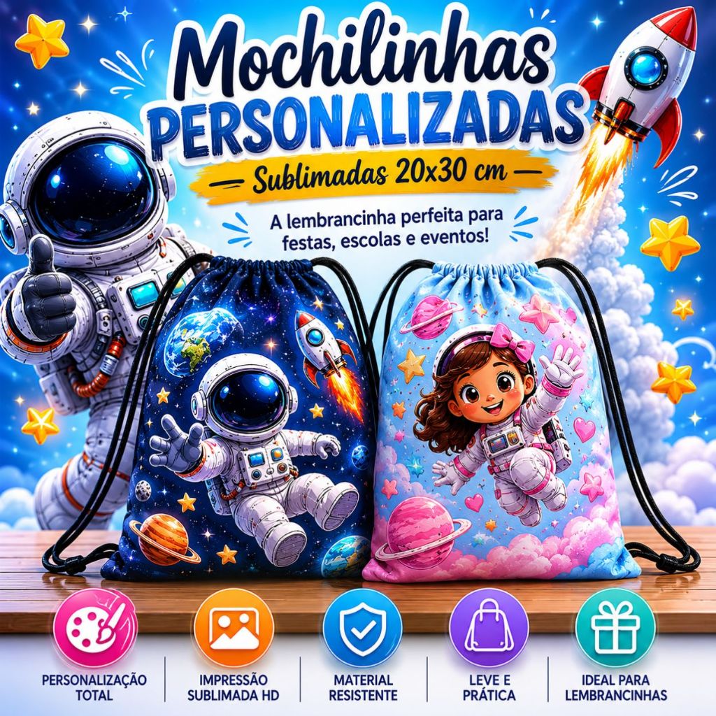 Mochilinhas personalizada 20x30 cm Kit Aniversário Ideal para festa infantil, escola, brindes e evento costas
