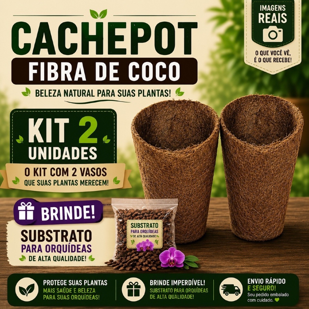 Kit 2 Vasos Cachepot para Orquídeas, Fibra de Coco, modelo Concha - BRINDE SUBSTRATO DE ORQUÍDEA