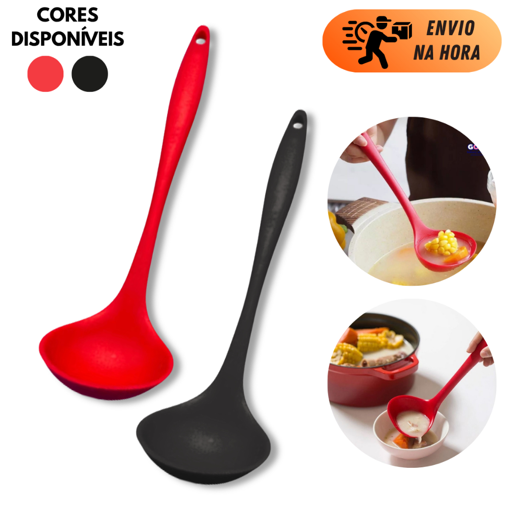 CONCHA DE SILICONE 28CM PRETO OU VERMELHO UTENSÍLIO PARA COZINHA PARA SERVIR SOPAS E CALDOS