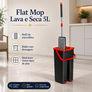Flat Mop Lava e Seca Com Balde 5L + Refil, Microfibra Limpeza, Esfregão, Mopi