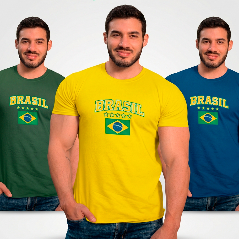 Camiseta Brasil Bandeira Masculina Copa do Mundo Algodão Várias Cores