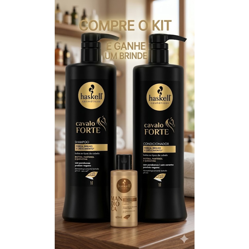 Kit Haskell Cavalo Forte Shampoo 1Litro +condicionador 1litro + brinde mini condicionador mandioca