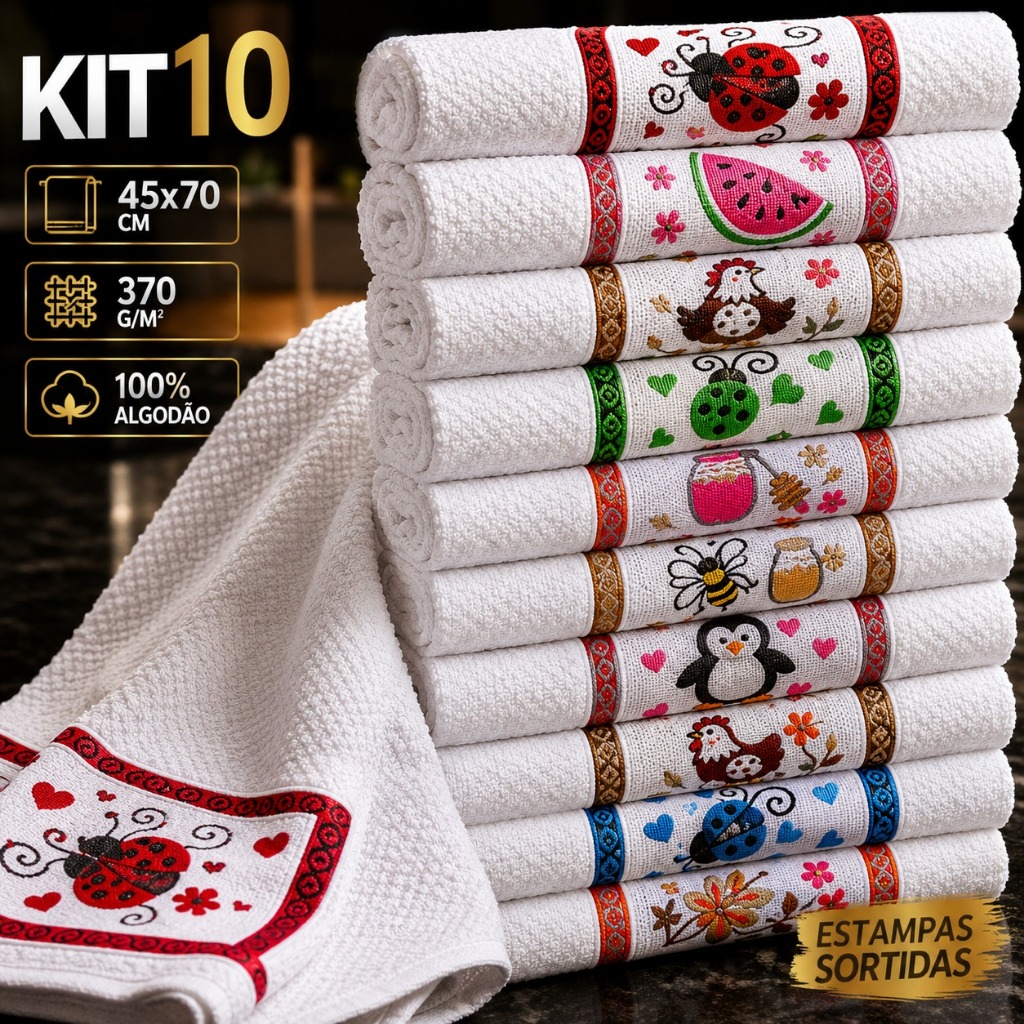 Kit 5 ou 10 Pano De Copa Jacquard ML Premium 100% Algodão Desenhos Na Barra