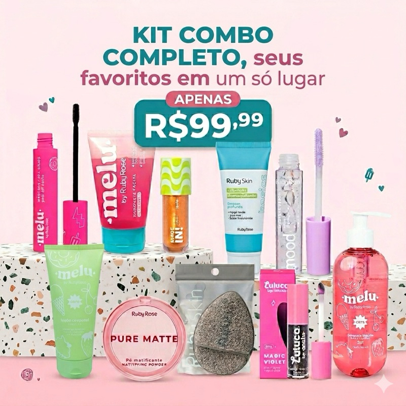Kit barato Combo Completo Maquiagem Melu Ruby Rose + Ruby Skin Skincare Completo Super Oferta Imperdível