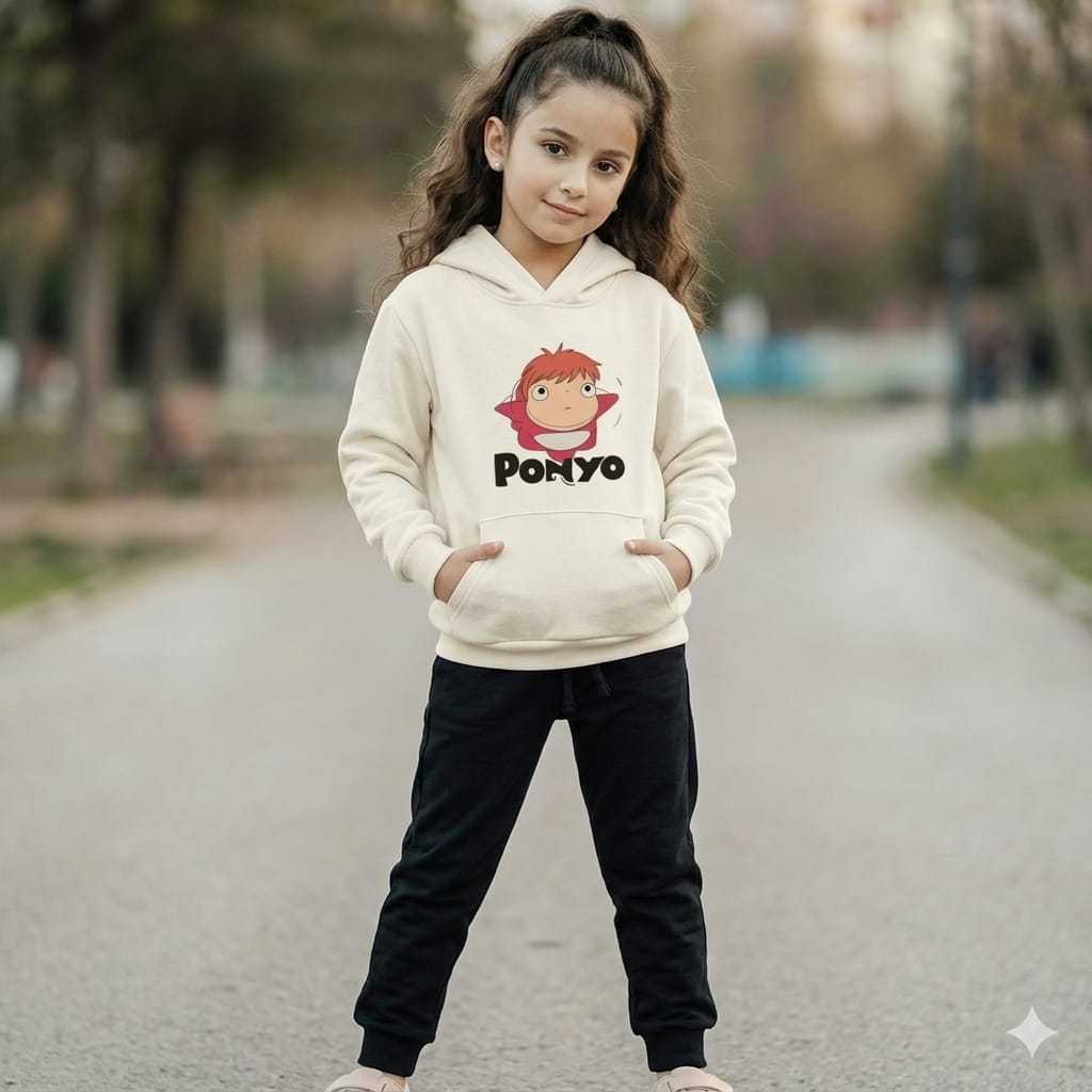 Conjunto Moletom Infantil Flanelado Algodão Quentinho Capuz Estampa Ponyo Bolso Canguru