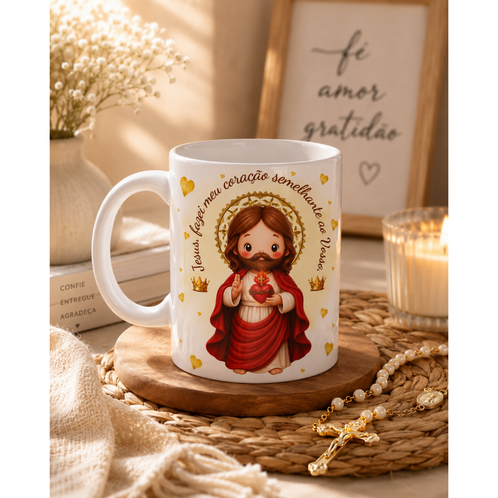 Caneca Sagrado Coração de Jesus Católica Presente Religioso Cristão Personalizado