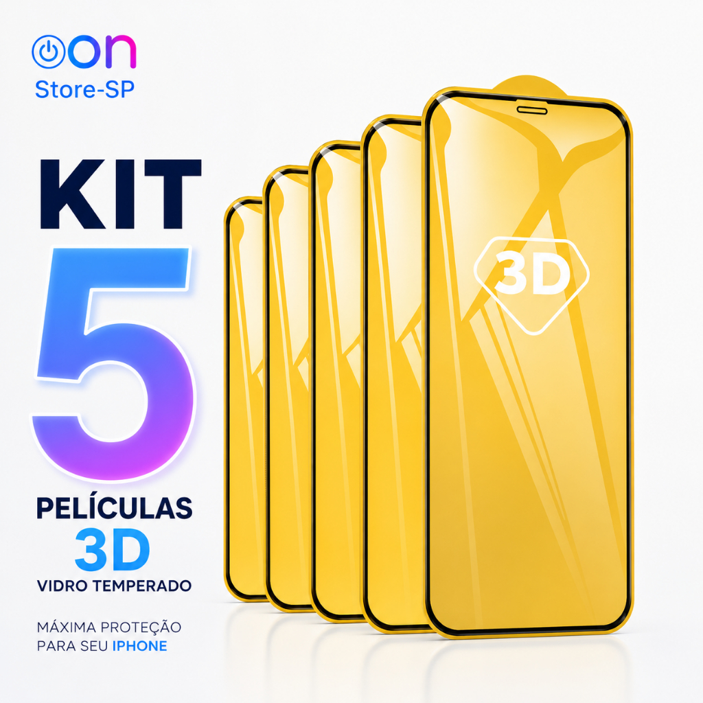 KIT 5 Películas 3D Vidro Temperado iPhone 11 12 13 14 15 16 Pro Max Full Cover 9H