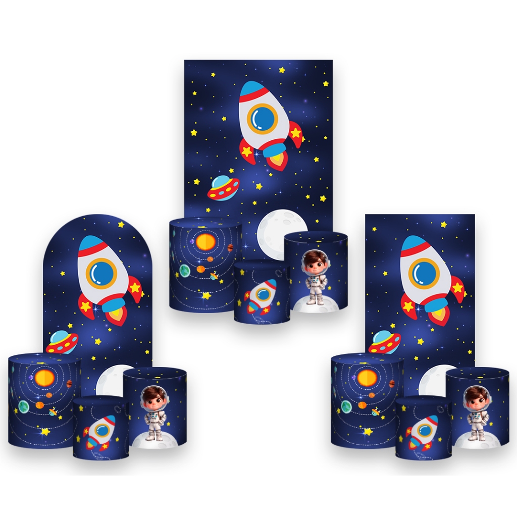 Painel De Festa Vertical + Trio De Capa Cilindro - Astronauta Nave Espacial 020