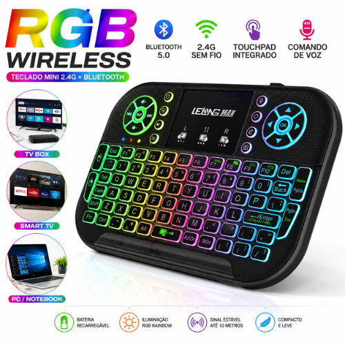 Mini Teclado Bluetooth 2.4G RGB Touchpad Voz Para TV Box Smart TV PC Notebook Sem Fio Recarregável Led Rainbow