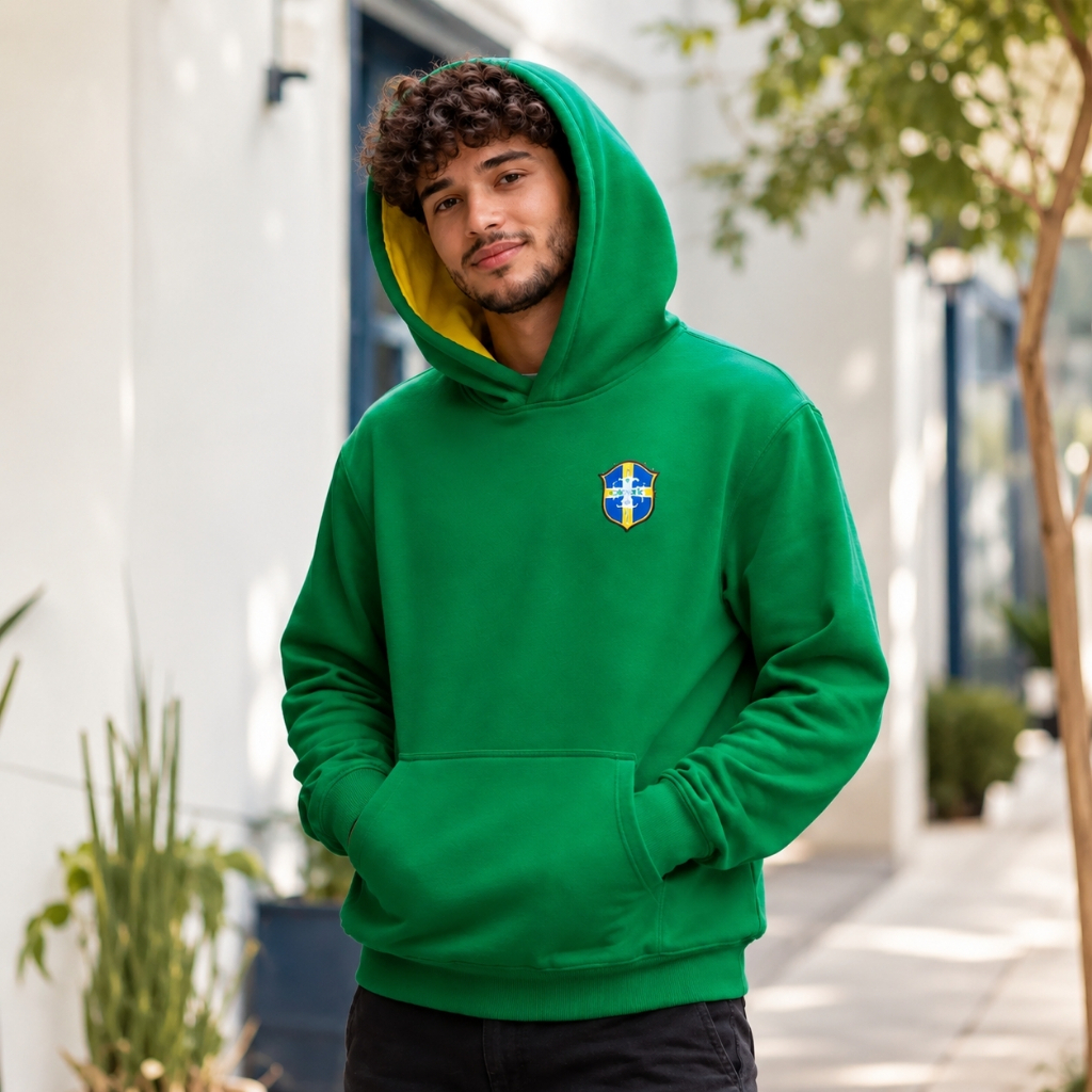 Moletom Brasil Unissex Verde Amarelo Algodão Premium Capuz Bolso Canguru Blusa de Frio