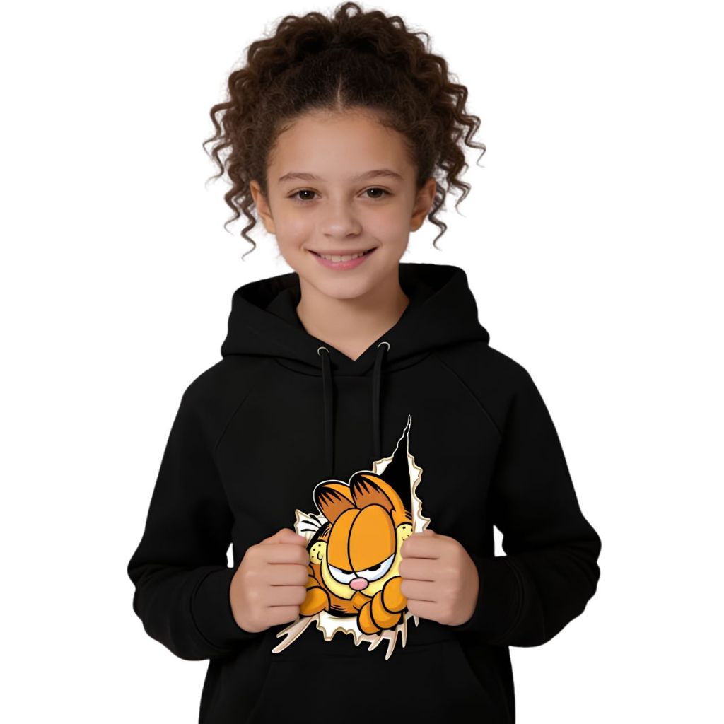 Moletom Flanelado Preto Infantil Masculino Feminino Personagem Garfield  Streetwear Outono Inverno