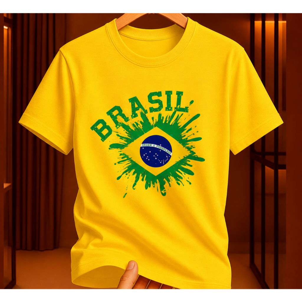 Camiseta 100% Algodão Infantil Bandeira do Brasil Copa Mundo Estampa Alegre Roupa Casual Criança Unissex Adulto