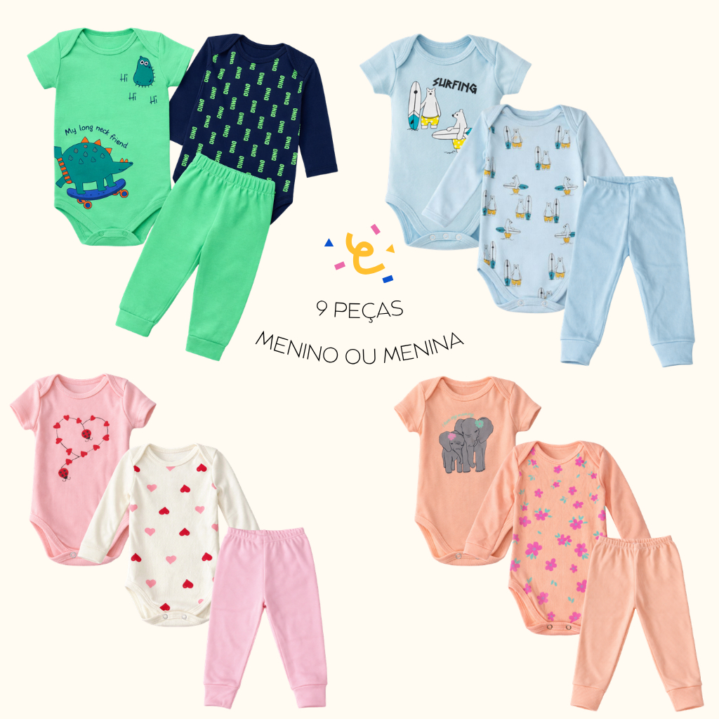 Kit Body Bebê Misto Manga Longa e Manga Curta Calça Infantil Roupa para Bebê Menino ou Menina