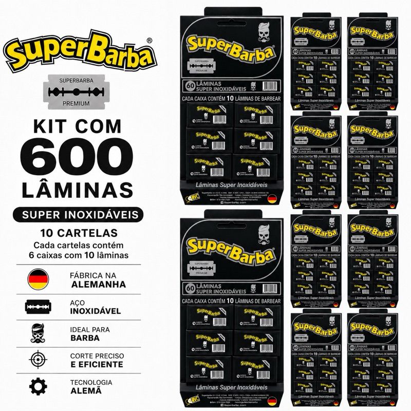 Cartelas Lâminas de Barbear Super Barba Premium Black Alemã - Cartela com 60 Lâminas