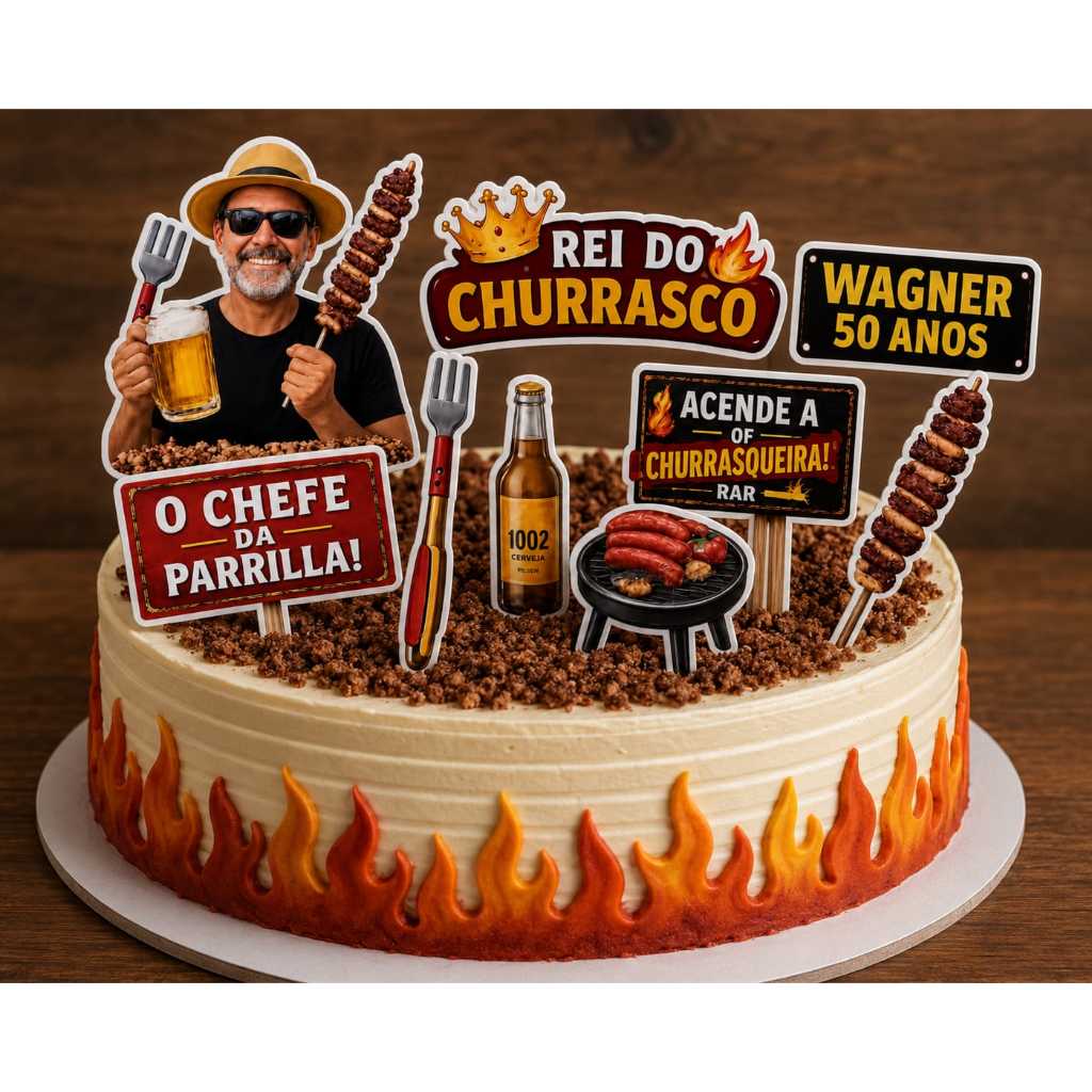 Topper Topo de Bolo Churrasco com sua foto Personalizado