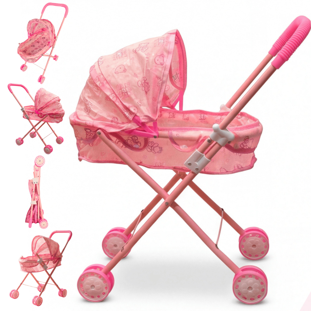 Carrinho de Boneca Bebê Brinquedo Menina Infantil Rosa Dobrável Passeio Faz de Conta
