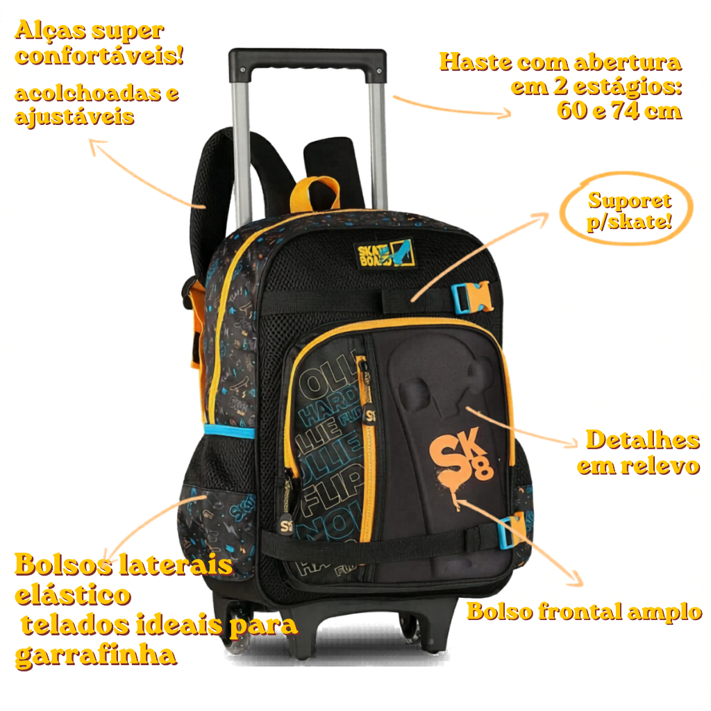 Kit Mochila De Rodinha Infantil Menino Skate Clio Mochilete Escolar Com Estojo E Lancheira Térmica