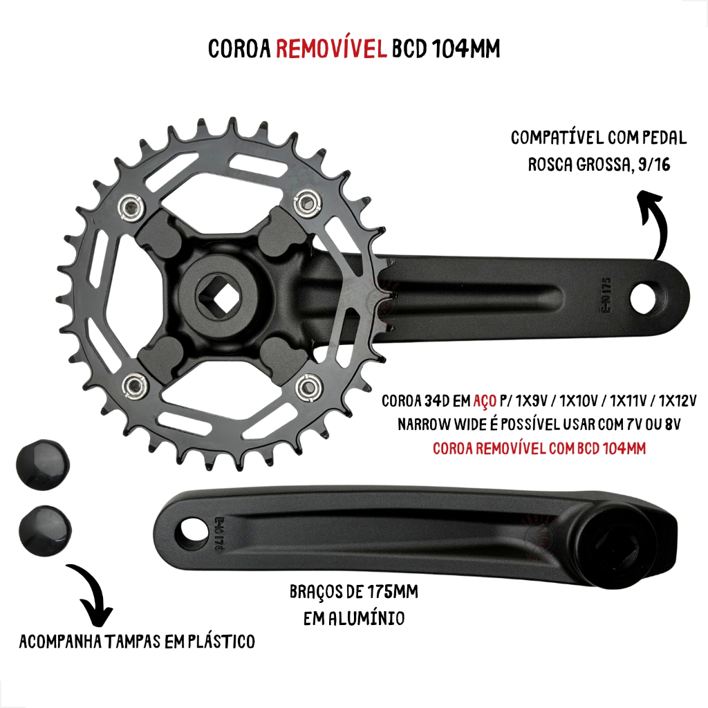Pedivela Single Absolute Wild Coroa 34d em Aço Braço 175mm 9v 10v 11v 12v Mtb · foto 2