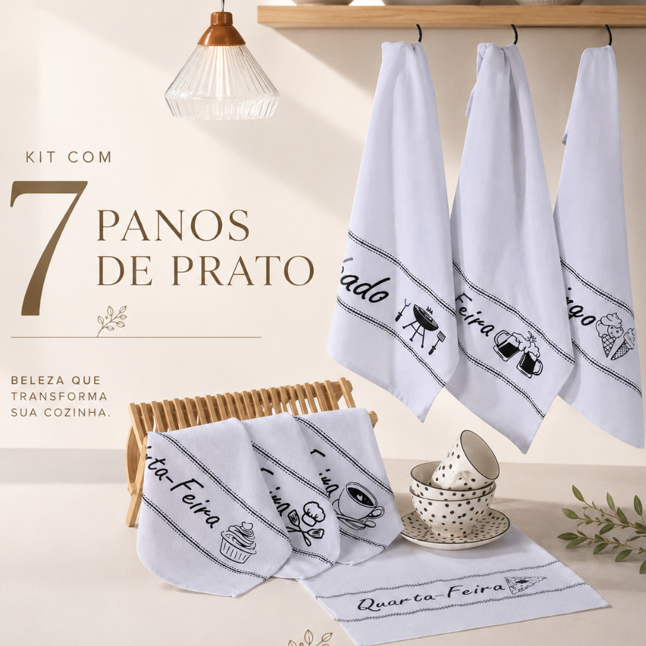 Kit 7 Panos de Prato Dias da Semana 45x71cm 100% Algodao Semaninha Bordada