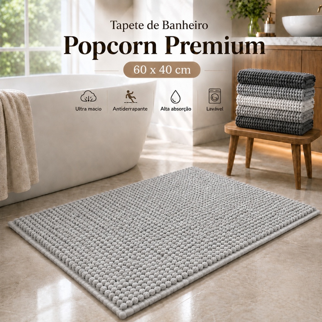 Tapete Cinza Claro Banheiro Popcorn 60x40 Microfibra Bolinha Antiderrapante Macio Absorvente Saída Box